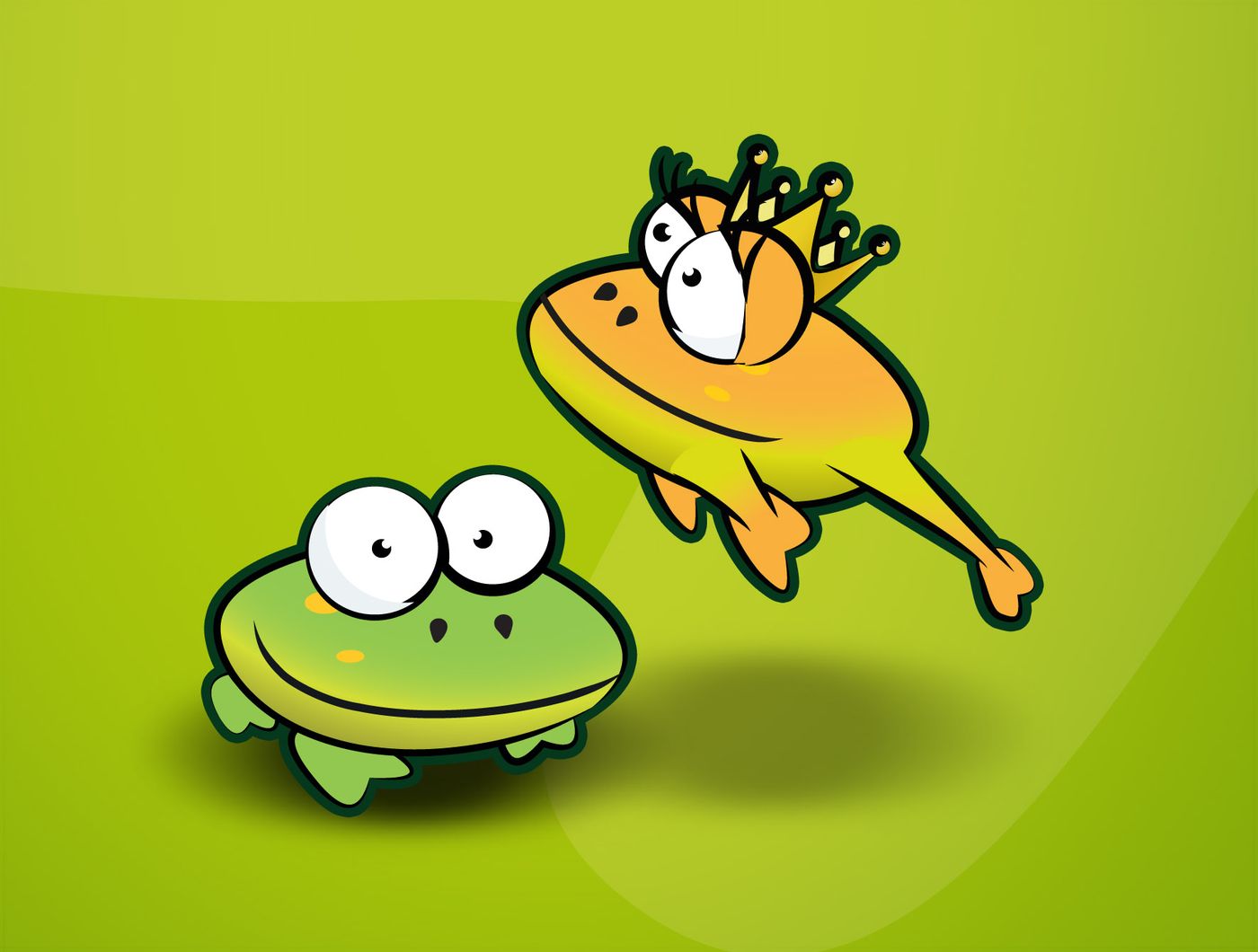 A green froggie on the ground and the yellow princess froggie jumping over it.