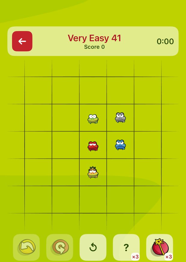 A Froggies level in progress: a five by five grid with a green, grey, red, blue and yellow froggie on it.